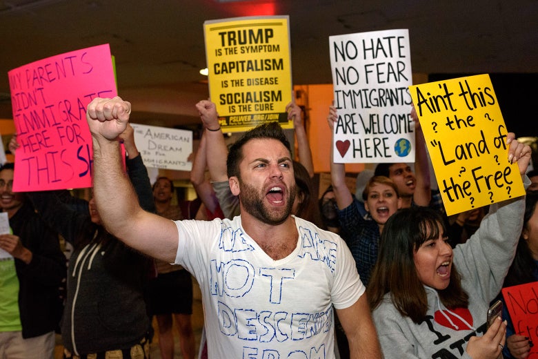 Demonstrators at Los Angeles International Airport protest against President Trump's executive order to ban entry into the US to travelers from seven Muslim countries. Los Angeles, California. January 31, 2017.